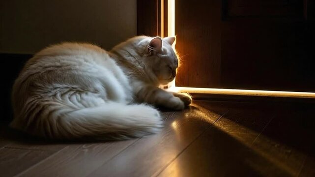 A Fluffy Cream Colored Cat Curled Up Sleeping Peacefully on a Warm Wooden Floor Bathed in Soft Golden Light Streaming Through a Doorway