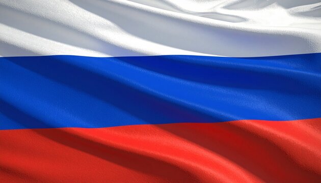Close up of the Russian flag waving majestically in the wind showcasing its iconic white blue and red horizontal stripes with detailed fabric texture and flowing motion