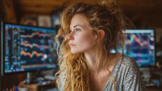 Focused businesswoman analyzing financial graphs on dual screens - Powered by Adobe