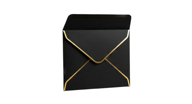 Elegant Black Envelope with Gold Edging and Transparent Background Isolated Studio Shot