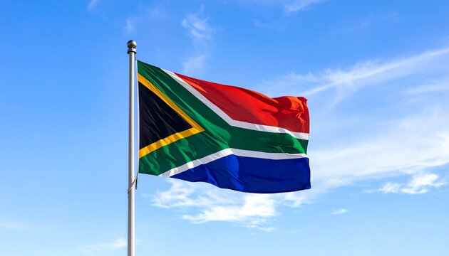 South Africa Flag Waving Proudly Against a Clear Blue Sky - Powered by Adobe