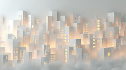 Ethereal paper city skyline with glowing windows and soft clouds buildings architecture