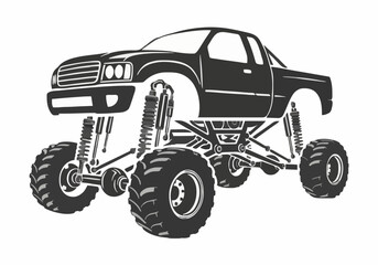 Black vector silhouette illustration of powerful monster truck with enormous wheels and complex suspension system offroad racing vehicle graphic element