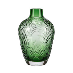 Elegant Emerald Green Glass Vase Adorned with Intricate Frosted Leaf and Twig Motifs on a Stark Black Background
