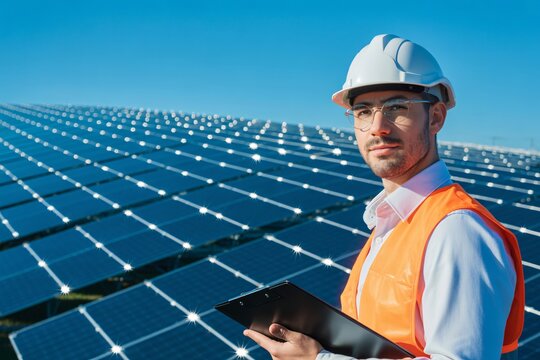 Solar panel engineer renewable energy worker safety helmet energy industry solar farm sustainable power generation