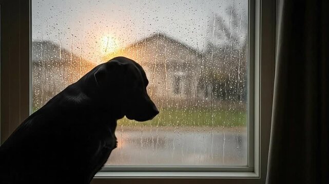 A Solitary Black Labrador Dog Gazes Out a Rain Streaked Window at a Suburban Sunset Evoking Feelings of Longing and Anticipation