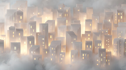 Ethereal city skyline glowing with warm light through soft clouds buildings architecture