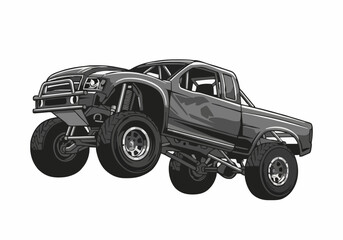 Monochrome vector illustration of powerful monster truck jumping isolated graphic design element extreme motorsports vehicle offroad racing show concept