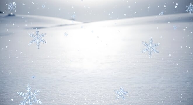 Beautifully falling snowflakes on a serene winter landscape with a soft bokeh background