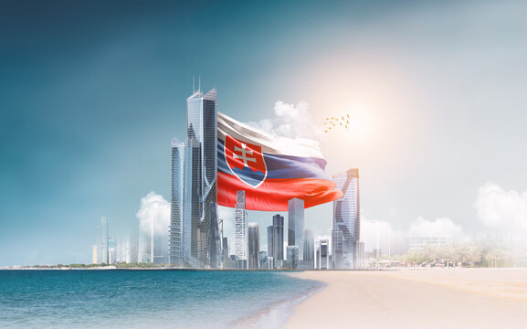 Slovakia flag waving behind modern skyline. Slovakia national flag for independence day.
