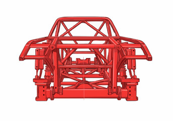Red tubular steel frame chassis structure for offroad racing vehicle or monster truck technical blueprint vector illustration
