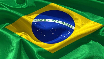Waving Brazilian Flag Close up Official National Symbol of Brazil Fluttering in the Wind
