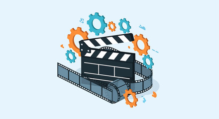 A flat design vector illustration symbolizing the intricate process of filmmaking, featuring a clapperboard surrounded by gears and a winding film strip. 