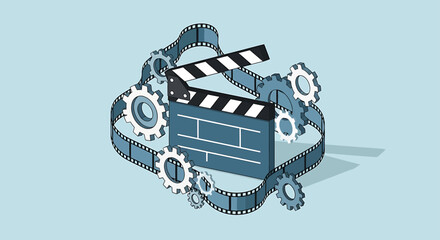 A flat design vector illustration symbolizing the intricate process of filmmaking, featuring a clapperboard surrounded by gears and a winding film strip. 