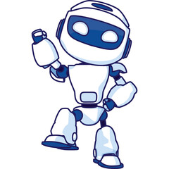 Pixelated Cartoon Robot Character With Blue Accents and White Body Waving Hello In A Fun Pose With A Transparent Background