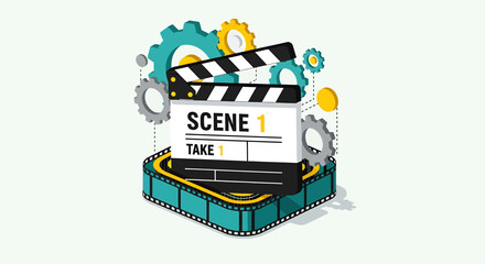 A flat design vector illustration symbolizing the intricate process of filmmaking, featuring a clapperboard surrounded by gears and a winding film strip. 
