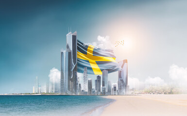 Sweden flag waving behind modern skyline. Sweden national flag for independence day.