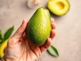 A close-up shot of a hand holding a ripe avocado, symbolizing healthy fats and a creamy, versatile ingredient for numerous dishes,  raw food,  smooth