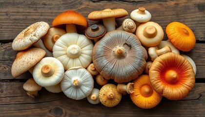 A cluster of diverse mushrooms, varying in size and color, arranged on a rustic wooden surface,  earthy,  oyster mushroom