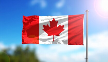 Iconic Canadian Flag Waving Proudly Against a Bright Blue Sky with Sun Flare Symbol of National Pride and Freedom