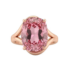 Elegant Rose Gold Ring Featuring a Large Oval Pink Gemstone with Intricate Band Design Isolated on Black Background Detailed Macro View of Fine Jewelry