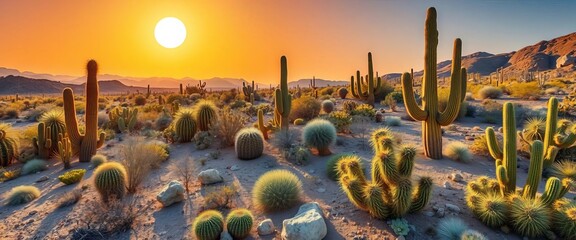 Arid landscape with diverse cacti of varying sizes and shapes, under a vibrant sun,  succulents,   natural