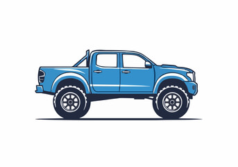 Rugged blue monster truck vector illustration side view powerful lifted heavy duty pickup vehicle offroad extreme sports graphic asset