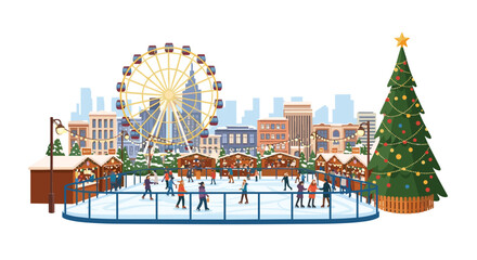 Fototapeta premium The magic of a winter holiday festival with ice skating, a giant Christmas tree, and a vibrant Ferris wheel under city lights