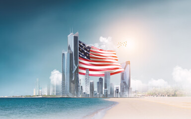 United States flag waving behind modern skyline. American national flag for independence day. 4th july happy independence day of america.