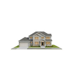 Elegant Two-Story House Exterior With Stone Siding and Attached Garage on Grassy Lawn With Yellow Flowers Under Soft Evening Light