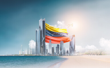 Venezuela flag waving behind modern skyline. Venezuela national flag for independence day.
