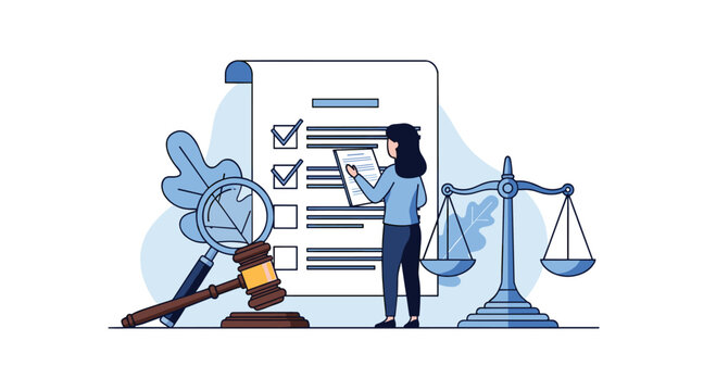 Modern illustration of legal compliance checklist with gavel and scales, perfect for law firms, legal blogs, and compliance training materials