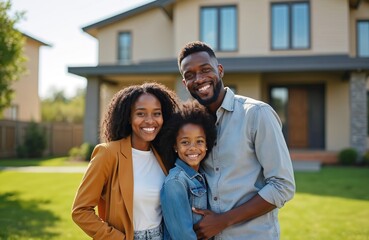 African American family of three standing together in front of new house. Happy couple and daughter smile outside suburban home with green lawn. Family celebrates home ownership and new beginning.