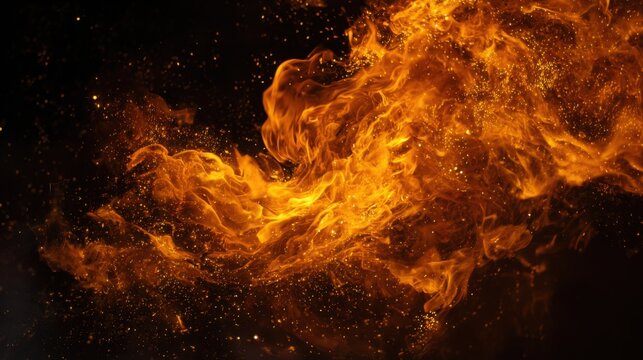 abstract fire flame captured in ultra slow motion, swirling smoke and sparks, black background, intense warm glow, dynamic flowing shapes - Powered by Adobe