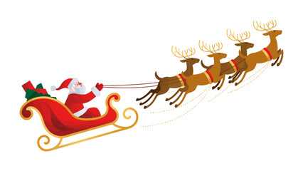 Christmas Journey: Santa Claus's reindeer-pulled sleigh soars through the winter sky, carrying holiday cheer and gifts with Santa Claus steering the sleigh. A classic festive image.