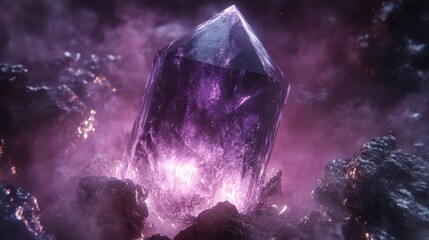 Obraz premium Purple crystal, glowing in dark volcanic landscape