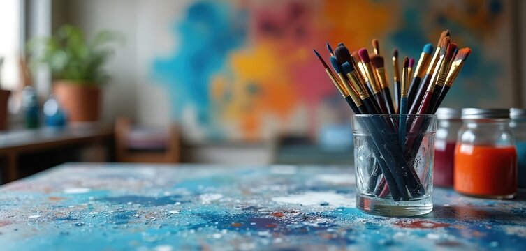 Paintbrushes stand in a glass on a messy art studio table. Paint splatters cover the surface. Jars of colorful paint sit near brushes. An abstract artwork hangs blurred in the background.
