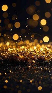 Close-up of gold glitter particles on a dark surface, with soft-focus bokeh of yellow-gold orbs in the background