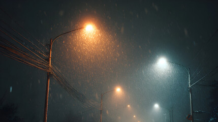 Snowfall through streetlights captured in long exposure, soft urban cinematic glow