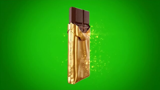 Golden Chocolate Bar Wrapped In Luxury Gold On Green Background.