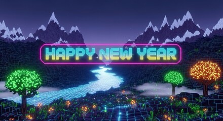 Happy New Year Pixel Art Landscape Celebration