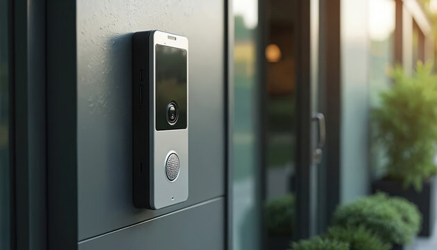 Modern video mounted on exterior wall. Device offers audio communication and security camera for building entry. Smart home tech for residential safety.