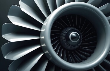 Close up of a jet engine turbine. Sharp metal blades form a spiral pattern inside the engine nacelle. This detailed mechanical part is used for aircraft propulsion and power generation.