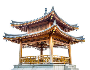 Traditional Asian Pagoda Pavilion with Intricate Wooden Architecture and Tiled Roof Isolated on Transparent Background