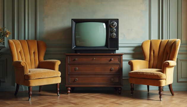 Vintage television set sits on a dark wood dresser. Two ochre armchairs flank the dresser against a paneled wall, creating a retro living room scene.