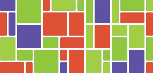 Abstract mosaic of colorful rectangles and squares in green, purple, and red