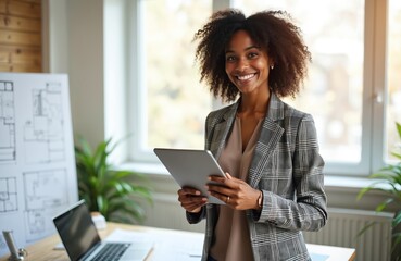 Smiling african american woman holds tablet in office. Architect works in modern workplace. Lady looks at camera near table with laptop and blueprint. Businesswoman at tech startup project.