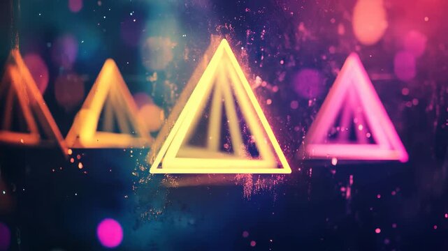 Neon triangles glowing over bright light spots create a vibrant visual experience at night, neon triangles over light spots