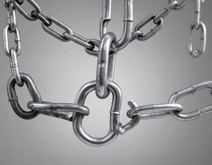 Fototapeta premium Close-up of metallic chains, interlaced, against a gray gradient background