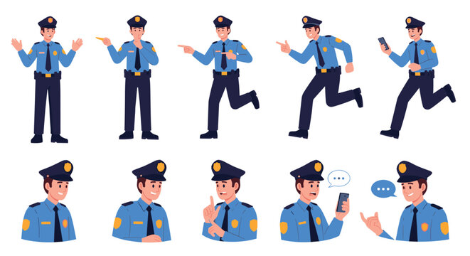 A diverse collection of animated police officers in various active poses and gestures for illustrating law enforcement scenarios and public safety communication.